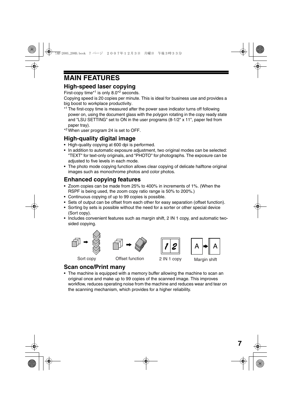 7main features, High-speed laser copying, High-quality digital image | Enhanced copying features, Scan once/print many | Sharp R-208S User Manual | Page 9 / 311