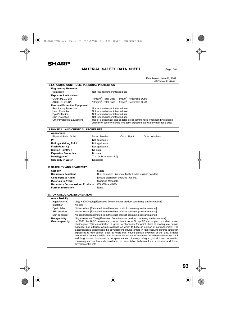 Material safety data sheet | Sharp R-208S User Manual | Page 95 / 311