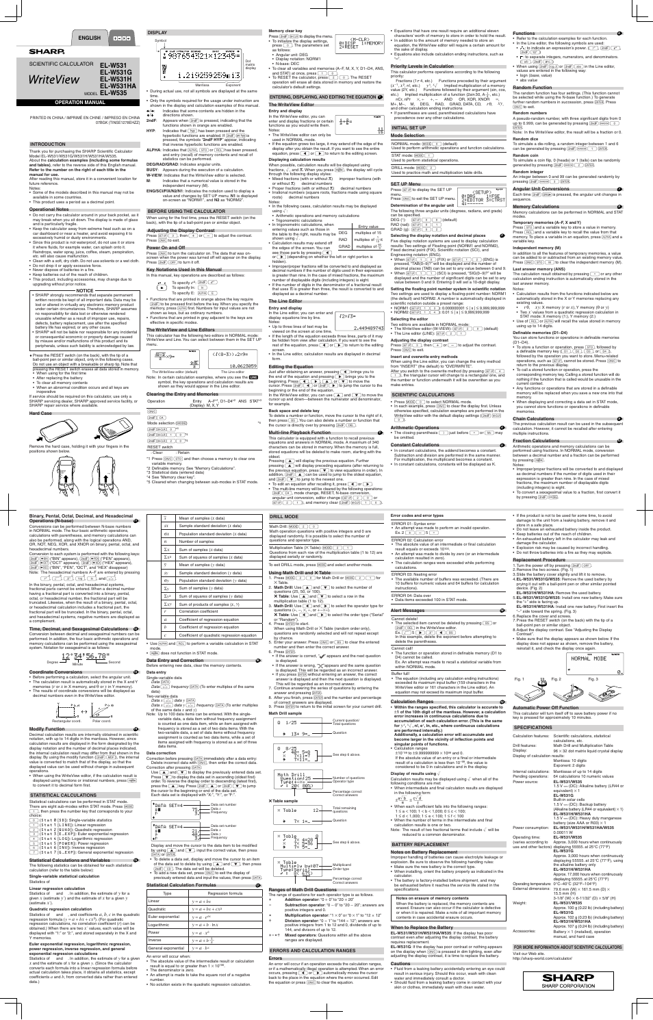 Sharp EL-W535 User Manual | 8 pages