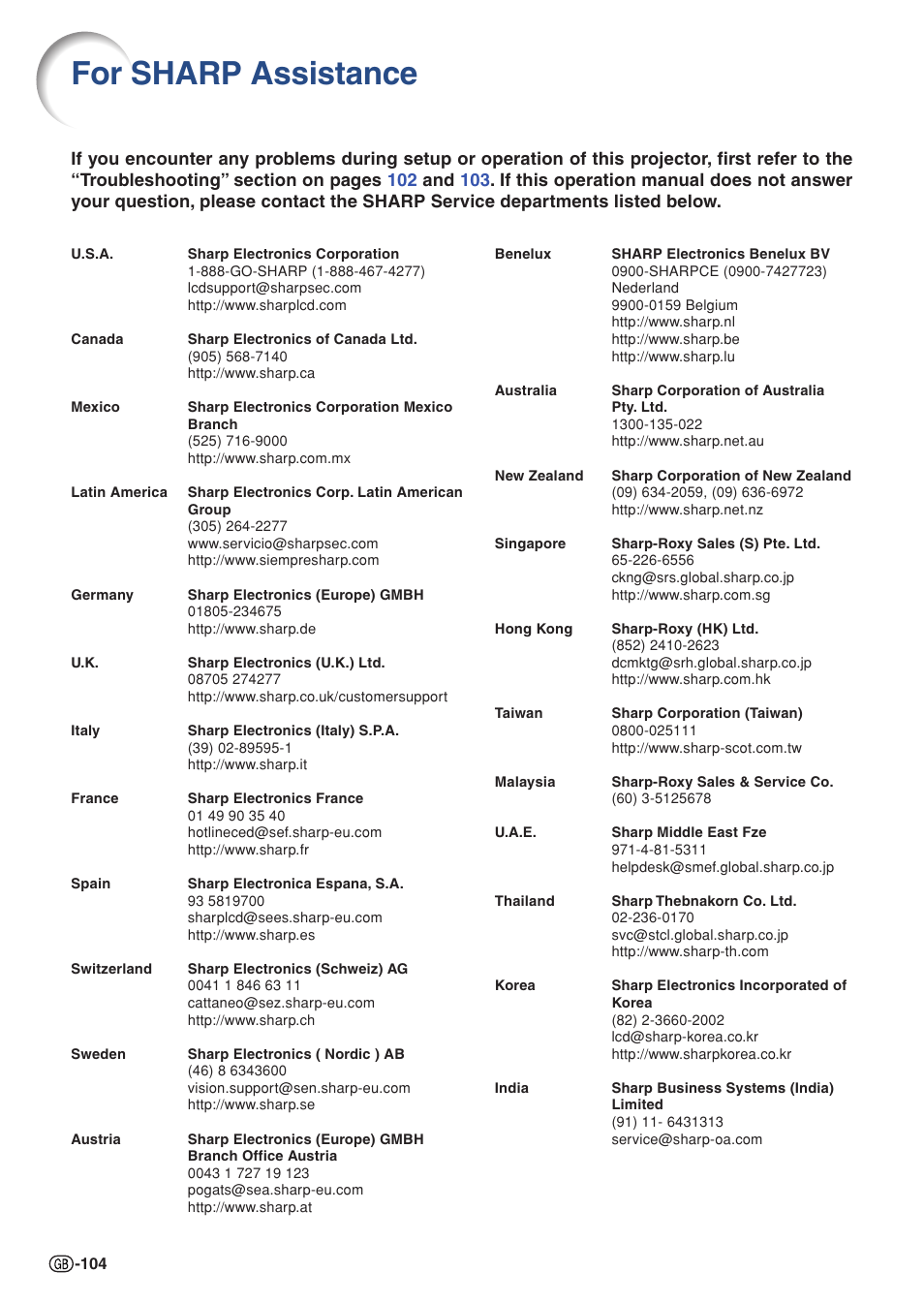 For sharp assistance | Sharp XG-PH70X User Manual | Page 106 / 110