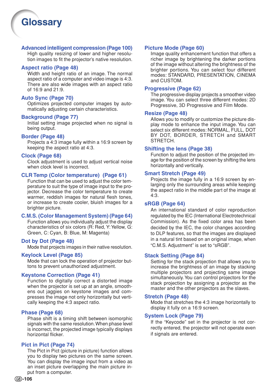 Glossary, Resize, Aspect ratio | Border, Stretch, Dot by dot, Selecting the, Picture mode, Color temperature, Settings | Sharp XG-PH70X User Manual | Page 108 / 110