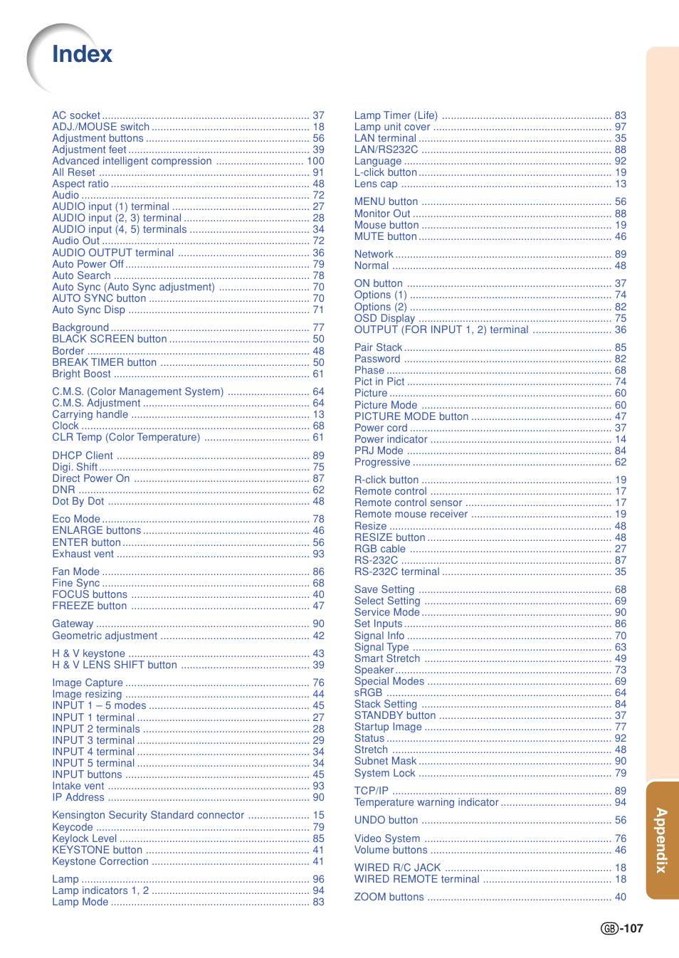 Index, Appendix | Sharp XG-PH70X User Manual | Page 109 / 110