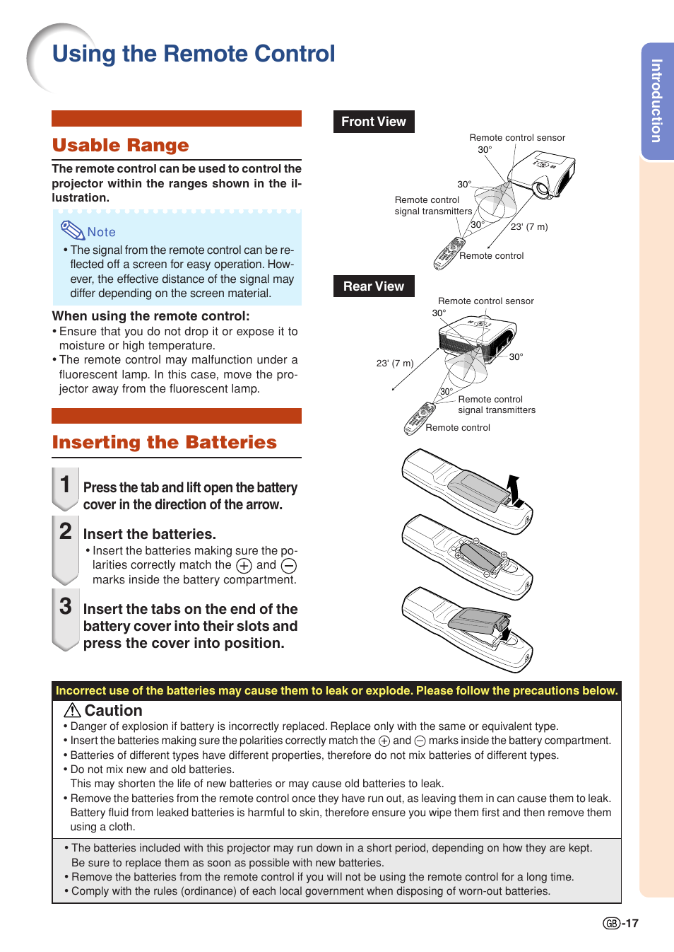 Using the remote control, Usable range, Inserting the batteries | Usable range inserting the batteries, Caution | Sharp XG-PH70X User Manual | Page 19 / 110