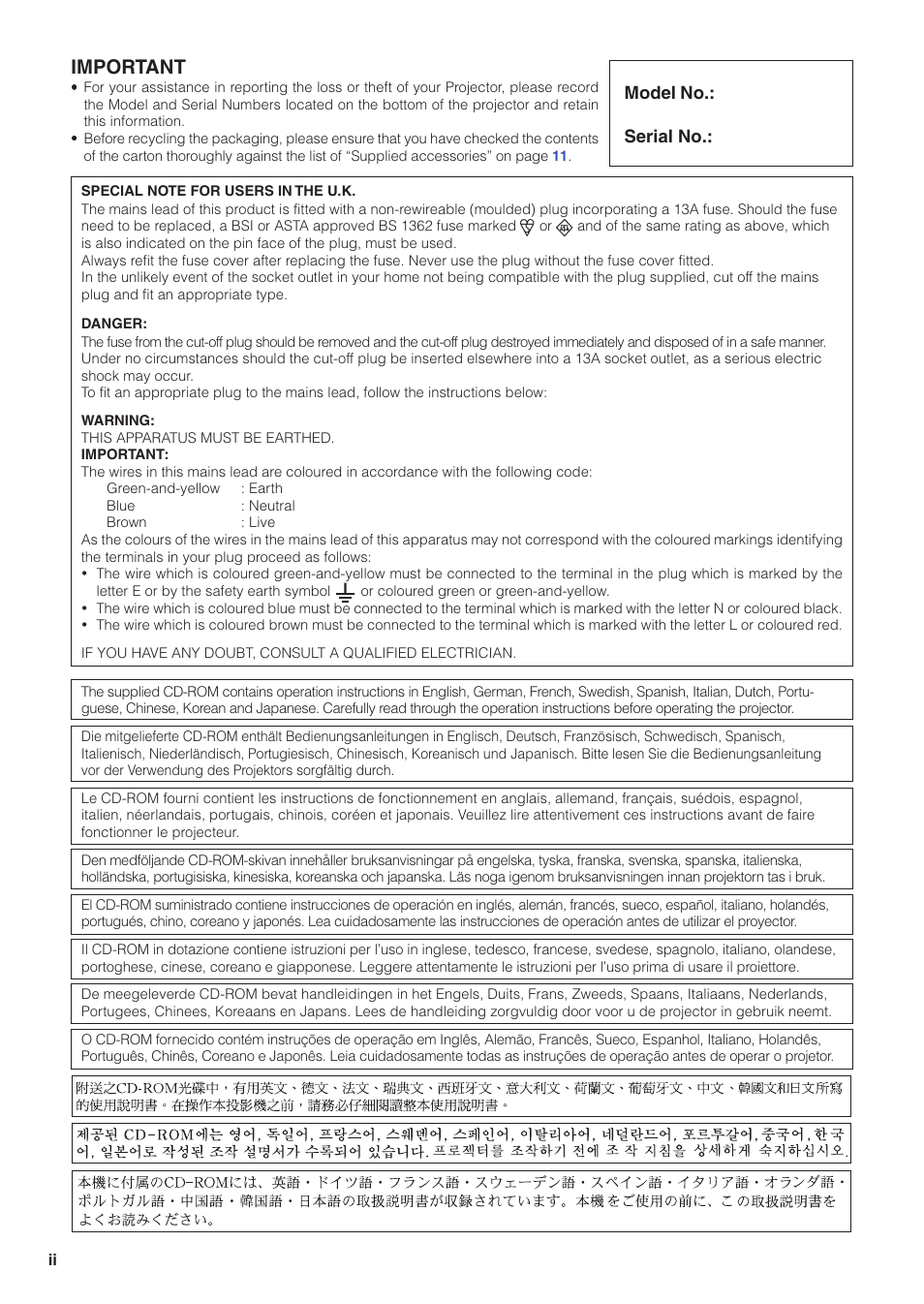 Important, Model no.: serial no | Sharp XG-PH70X User Manual | Page 2 / 110