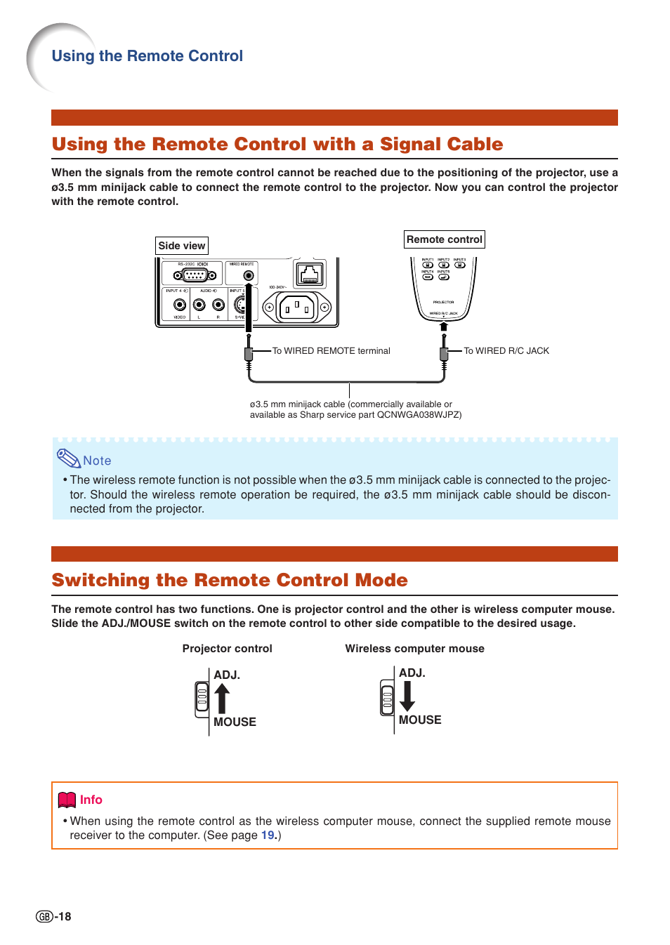 Using the remote control with a signal cable, Switching the remote control mode, Using the remote control | Sharp XG-PH70X User Manual | Page 20 / 110