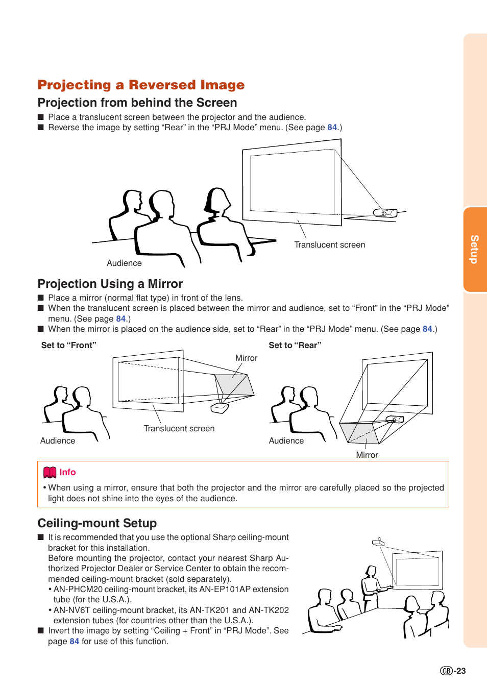 Projecting a reversed image, Projection from behind the screen, Projection using a mirror | Ceiling-mount setup | Sharp XG-PH70X User Manual | Page 25 / 110