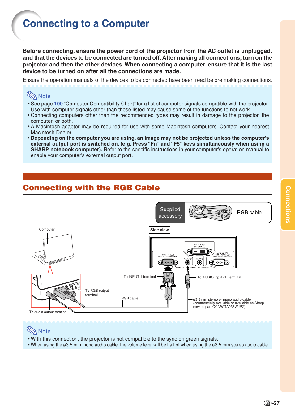 Connecting to a computer, Connecting with the rgb cable, Es 27–29 | Connections | Sharp XG-PH70X User Manual | Page 29 / 110