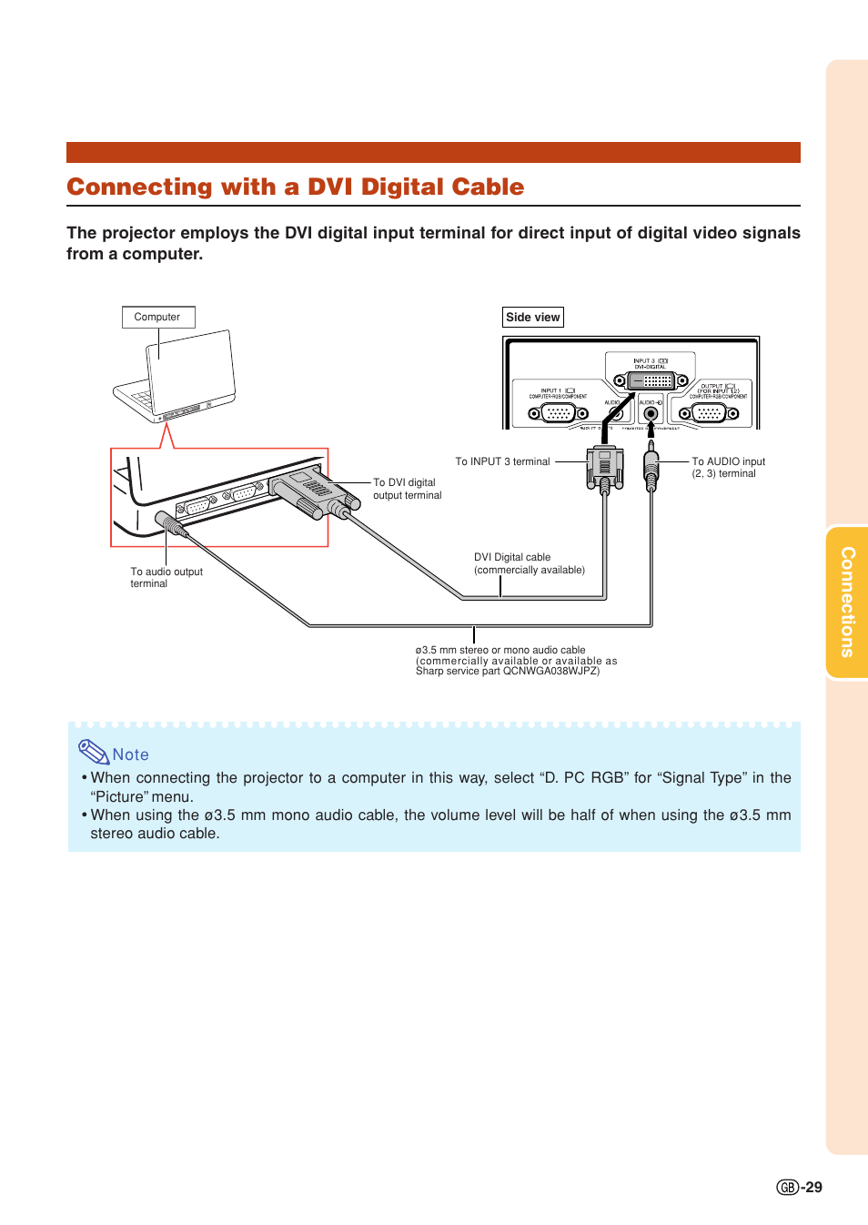 Connecting with a dvi digital cable, Connections | Sharp XG-PH70X User Manual | Page 31 / 110