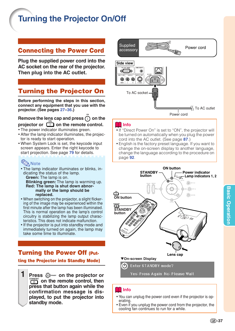 Basic operation, Turning the projector on/off, Connecting the power cord | Turning the projector on, Turning the power off | Sharp XG-PH70X User Manual | Page 39 / 110