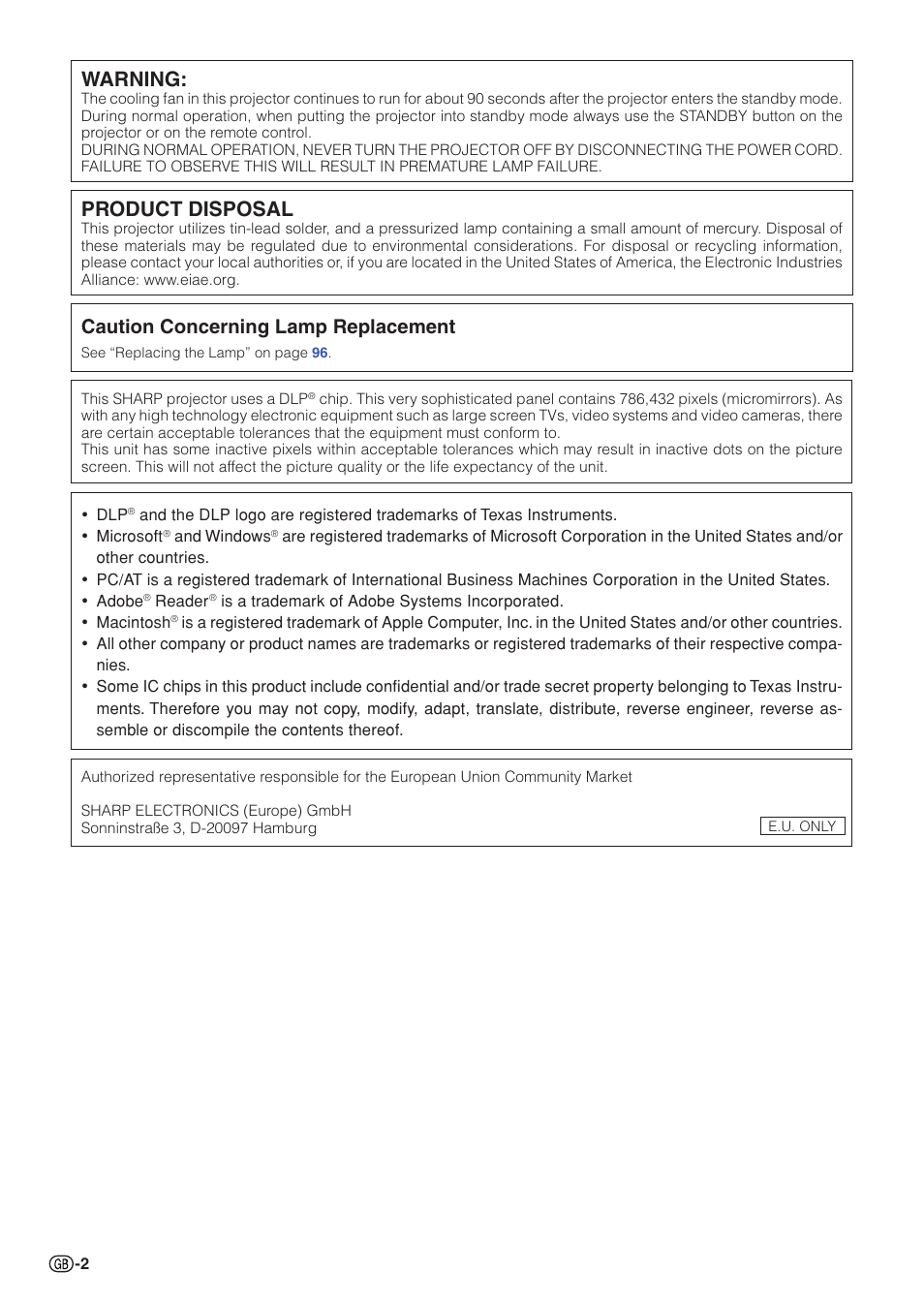 Warning, Product disposal, Caution concerning lamp replacement | Sharp XG-PH70X User Manual | Page 4 / 110