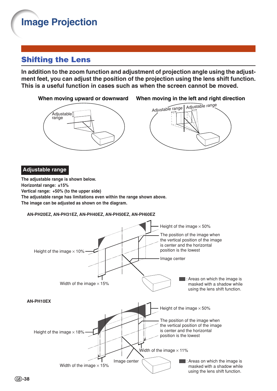 Image projection, Shifting the lens, Es 38 | Sharp XG-PH70X User Manual | Page 40 / 110