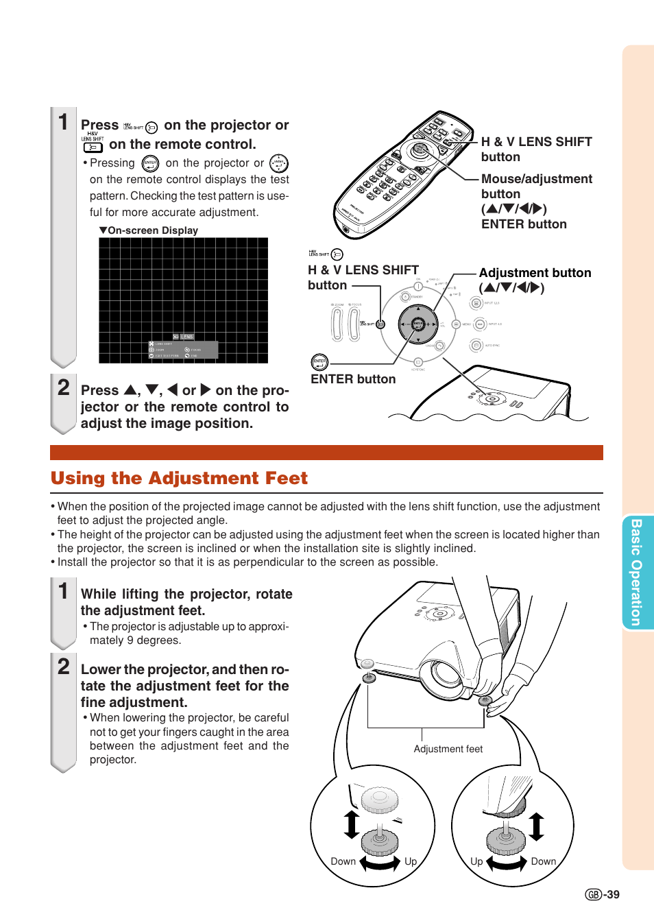 Using the adjustment feet | Sharp XG-PH70X User Manual | Page 41 / 110