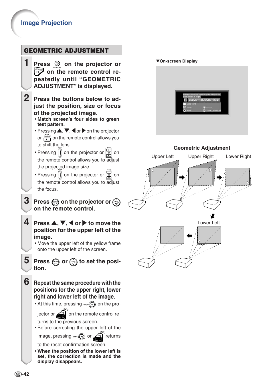 Geometric adjustment, Image projection | Sharp XG-PH70X User Manual | Page 44 / 110