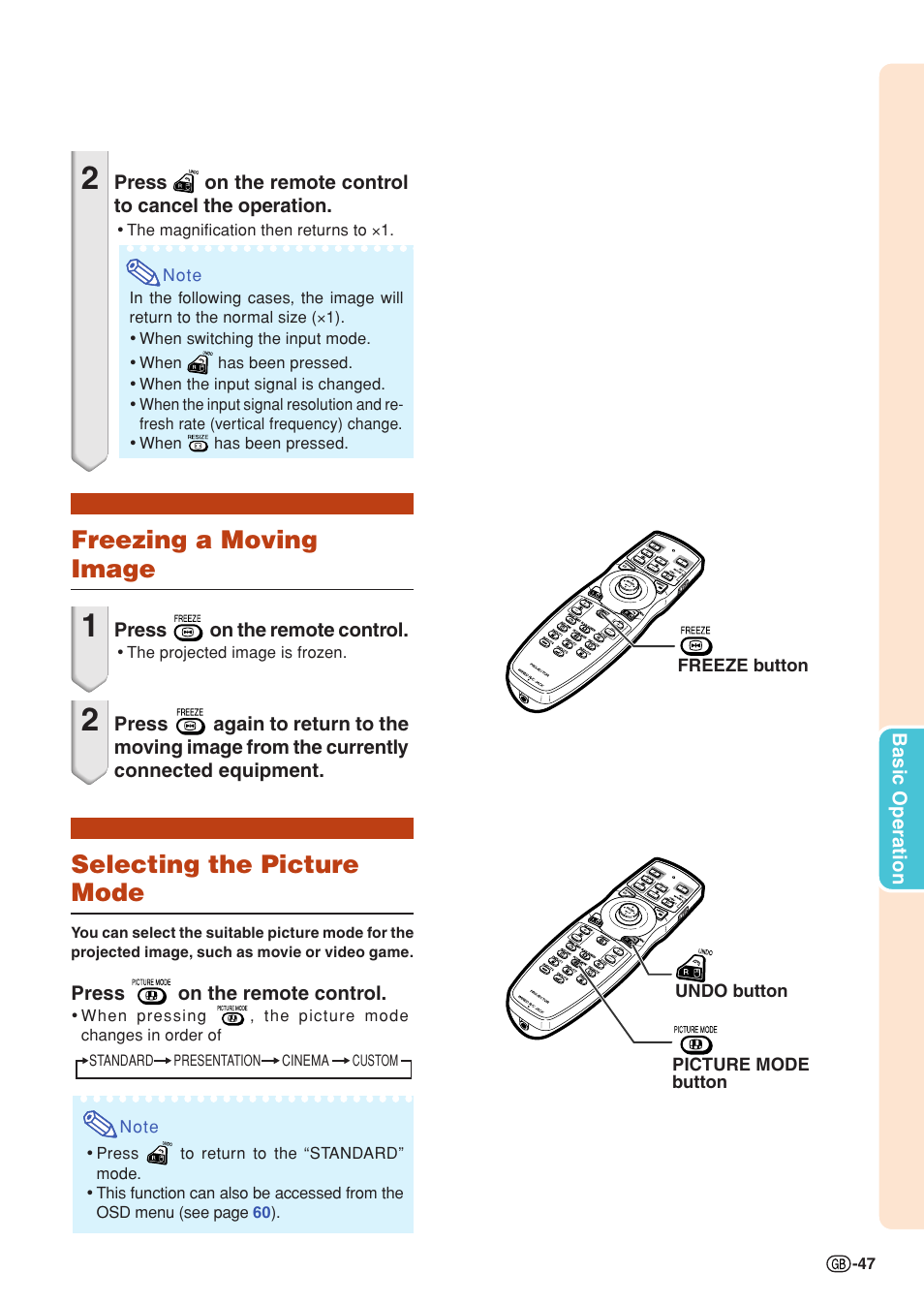 Freezing a moving image, Selecting the picture mode, Freezing a moving image selecting the picture mode | Sharp XG-PH70X User Manual | Page 49 / 110