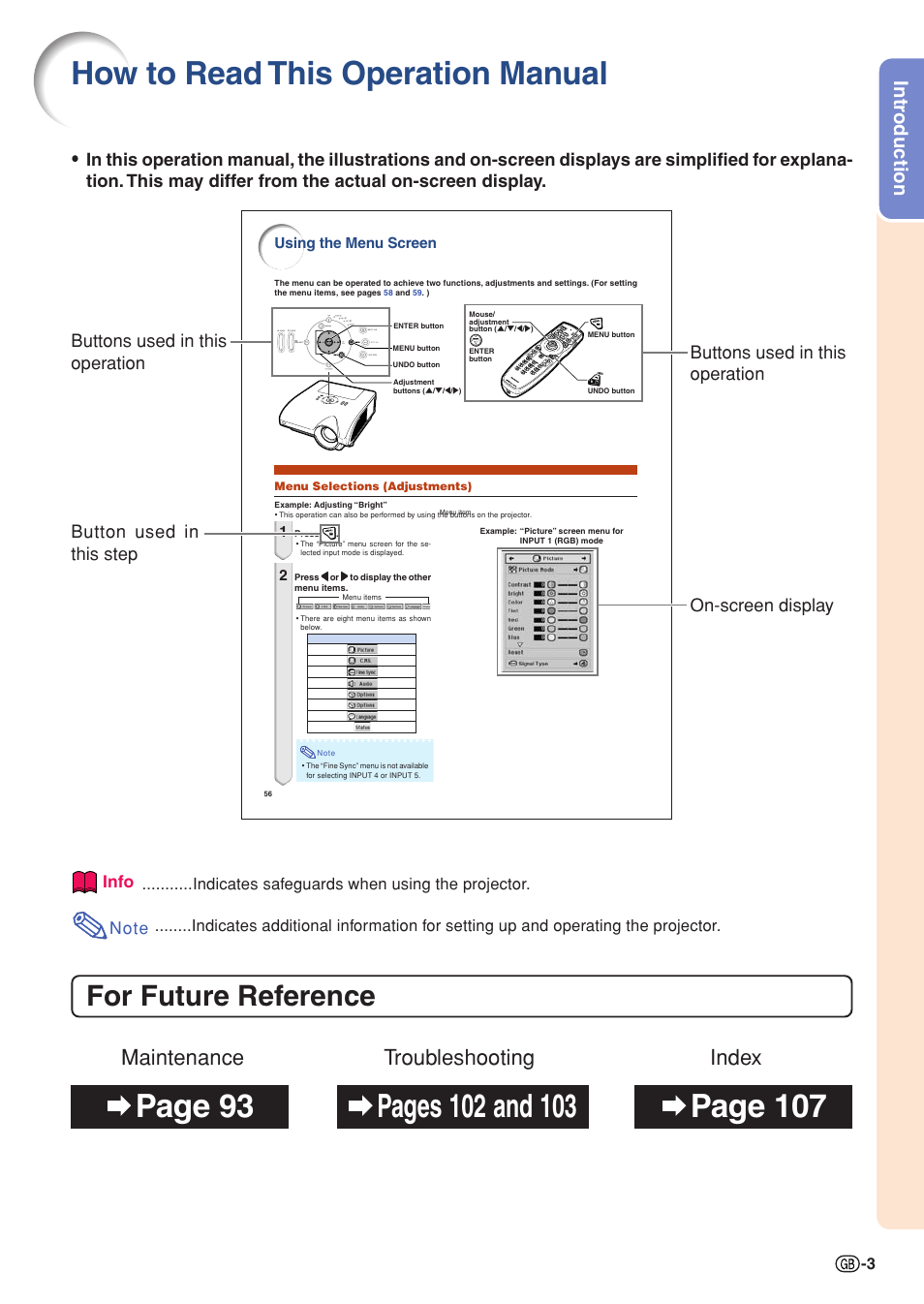 How to read this operation manual, For future reference, Maintenance troubleshooting index | Intr oduction, On-screen display button used in this step, Buttons used in this operation, Info | Sharp XG-PH70X User Manual | Page 5 / 110