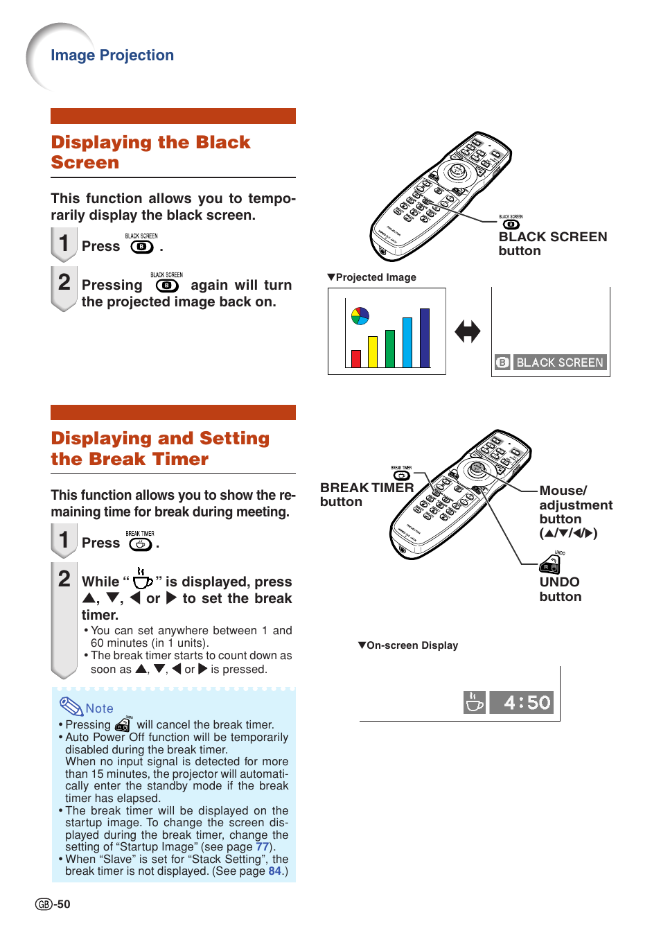 Displaying the black screen, Displaying and setting the break timer, Image projection | Sharp XG-PH70X User Manual | Page 52 / 110