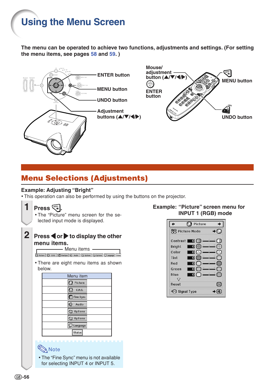 Using the menu screen, Menu selections (adjustments) | Sharp XG-PH70X User Manual | Page 58 / 110