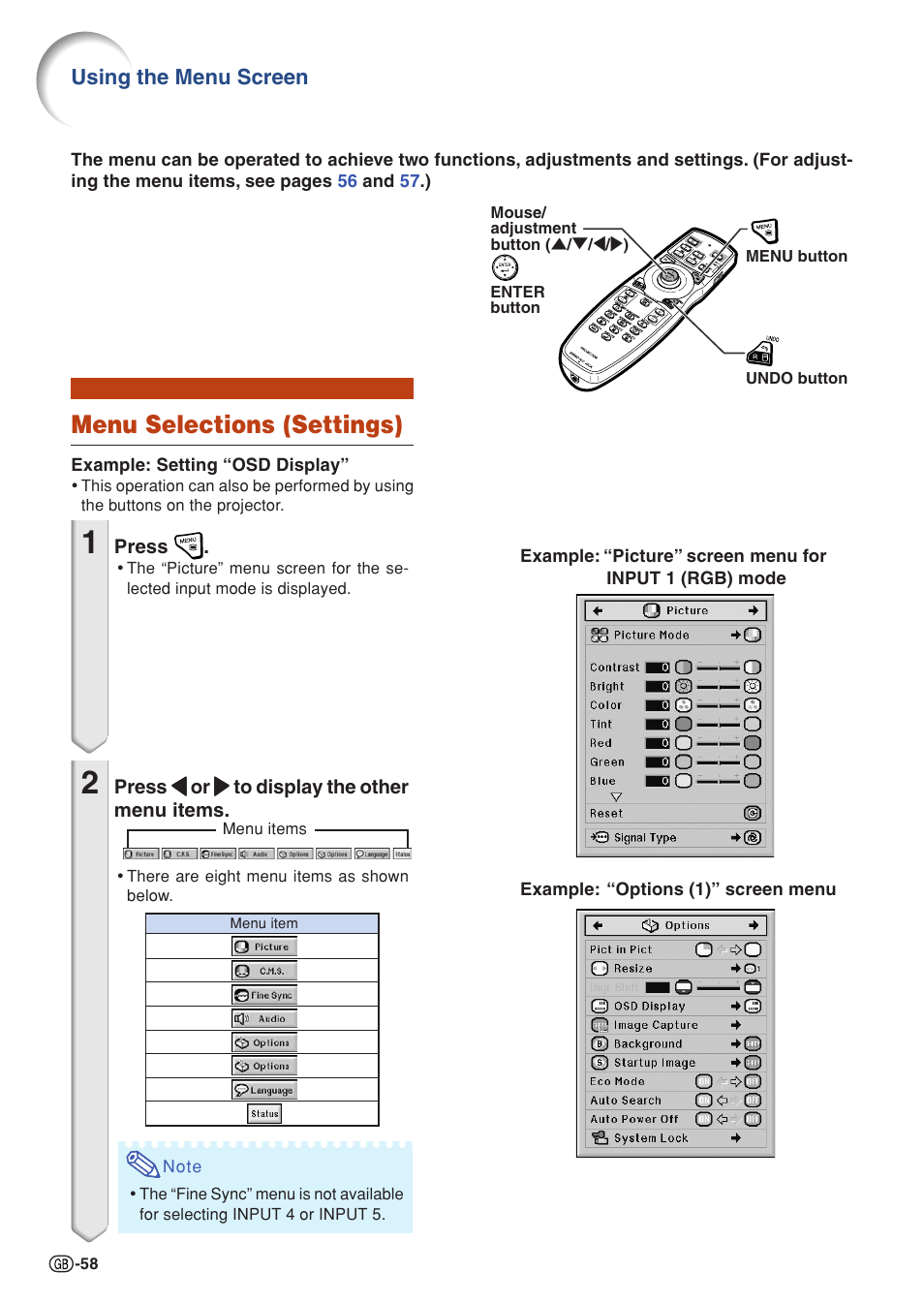 Menu selections (settings) | Sharp XG-PH70X User Manual | Page 60 / 110