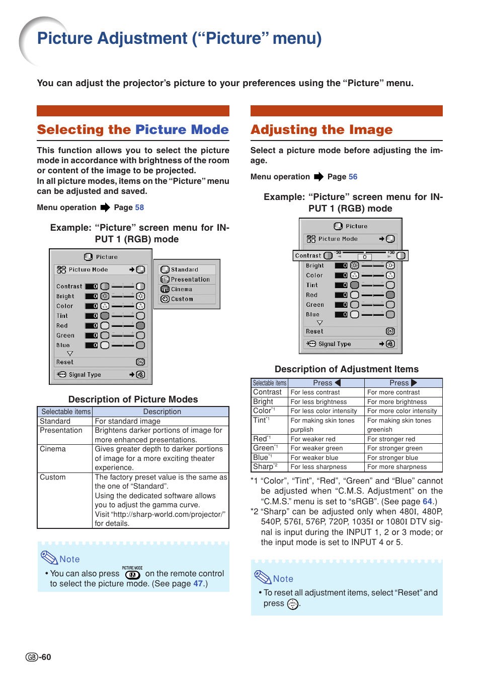 Picture adjustment (“picture” menu), Selecting the picture mode, Adjusting the image | Selecting the picture mode adjusting the image | Sharp XG-PH70X User Manual | Page 62 / 110