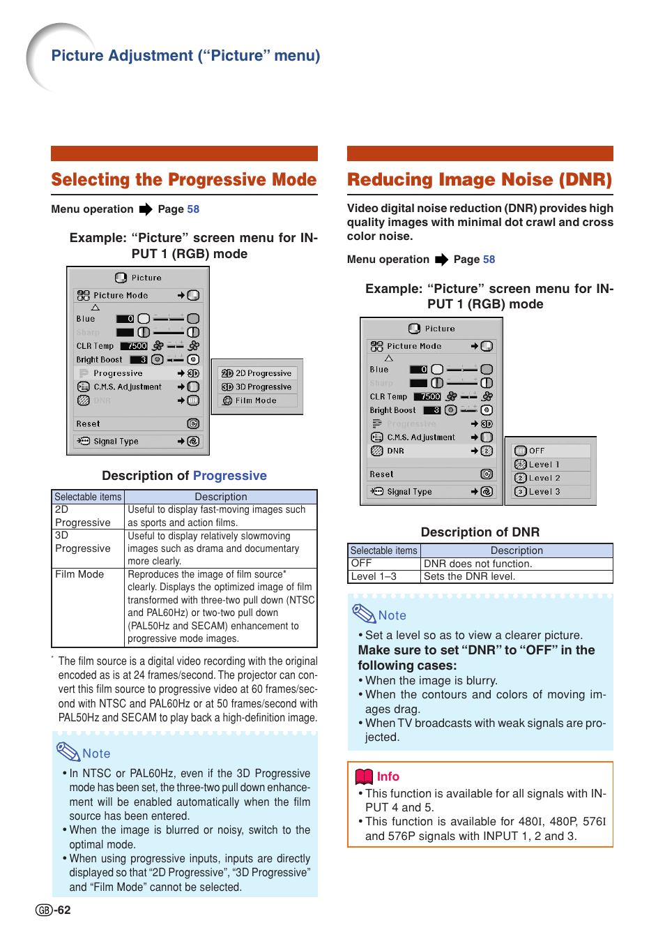 Selecting the progressive mode, Reducing image noise (dnr), Picture adjustment (“picture” menu) | Sharp XG-PH70X User Manual | Page 64 / 110