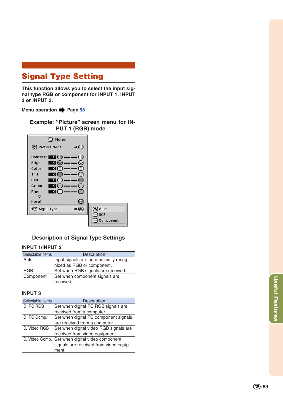 Signal type setting, Useful features | Sharp XG-PH70X User Manual | Page 65 / 110