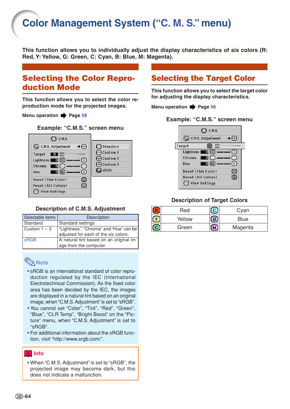 Color management system (“c. m. s.”menu), Selecting the color reproduction mode, Selecting the target color | Color management system, C. m. s.” menu), Color manag ement system (“ c. m. s. ” menu), Selecting the color repro- duction mode | Sharp XG-PH70X User Manual | Page 66 / 110