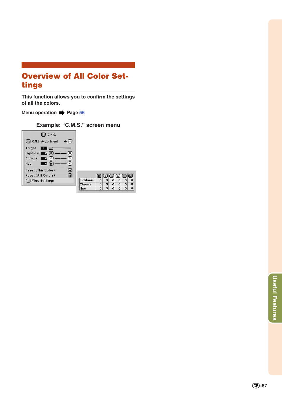 Overview of all color settings, Overview of all color set- tings | Sharp XG-PH70X User Manual | Page 69 / 110