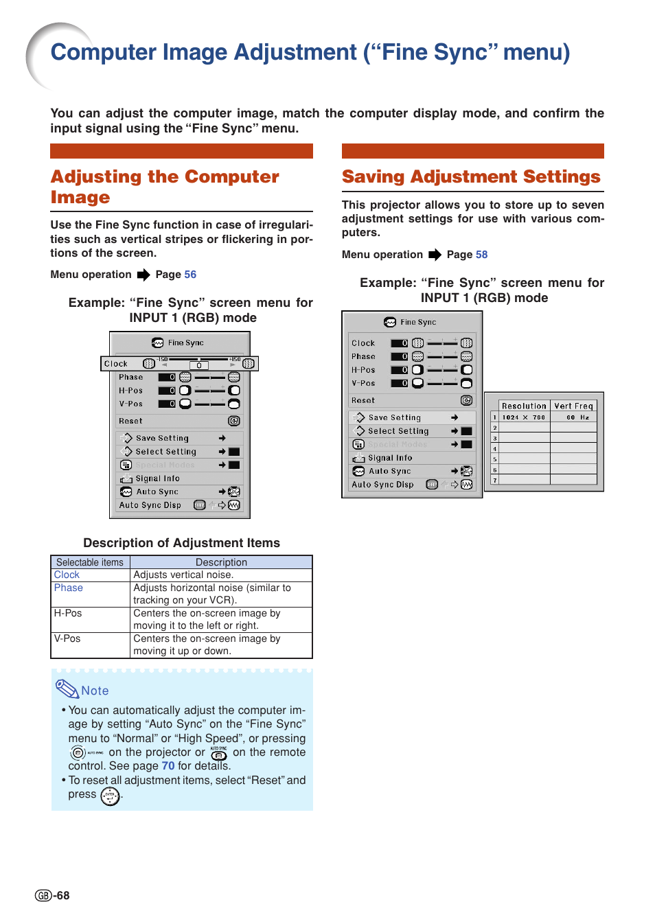 Computer image adjustment (“fine sync”menu), Adjusting the computer image, Saving adjustment settings | Computer image adjustment, Fine sync” menu), Computer image adjustment (“fine sync” menu) | Sharp XG-PH70X User Manual | Page 70 / 110