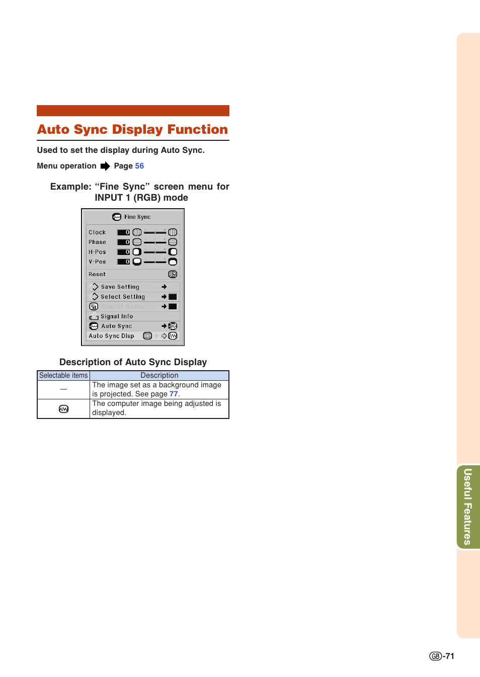 Auto sync display function, Useful features | Sharp XG-PH70X User Manual | Page 73 / 110