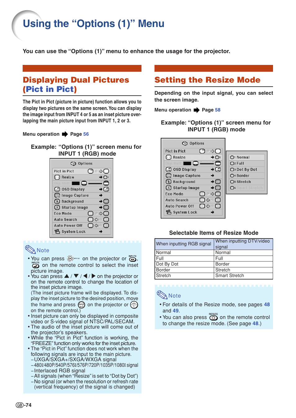 Using the “options (1)” menu, Displaying dual pictures (pict in pict), Setting the resize mode | Displaying dual pictures ( pict in pict ) | Sharp XG-PH70X User Manual | Page 76 / 110