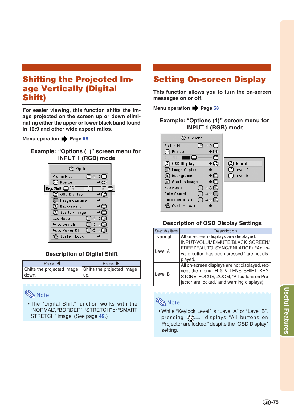 Setting on-screen display, Shifting the projected image vertically, Digital shift) | Useful features | Sharp XG-PH70X User Manual | Page 77 / 110