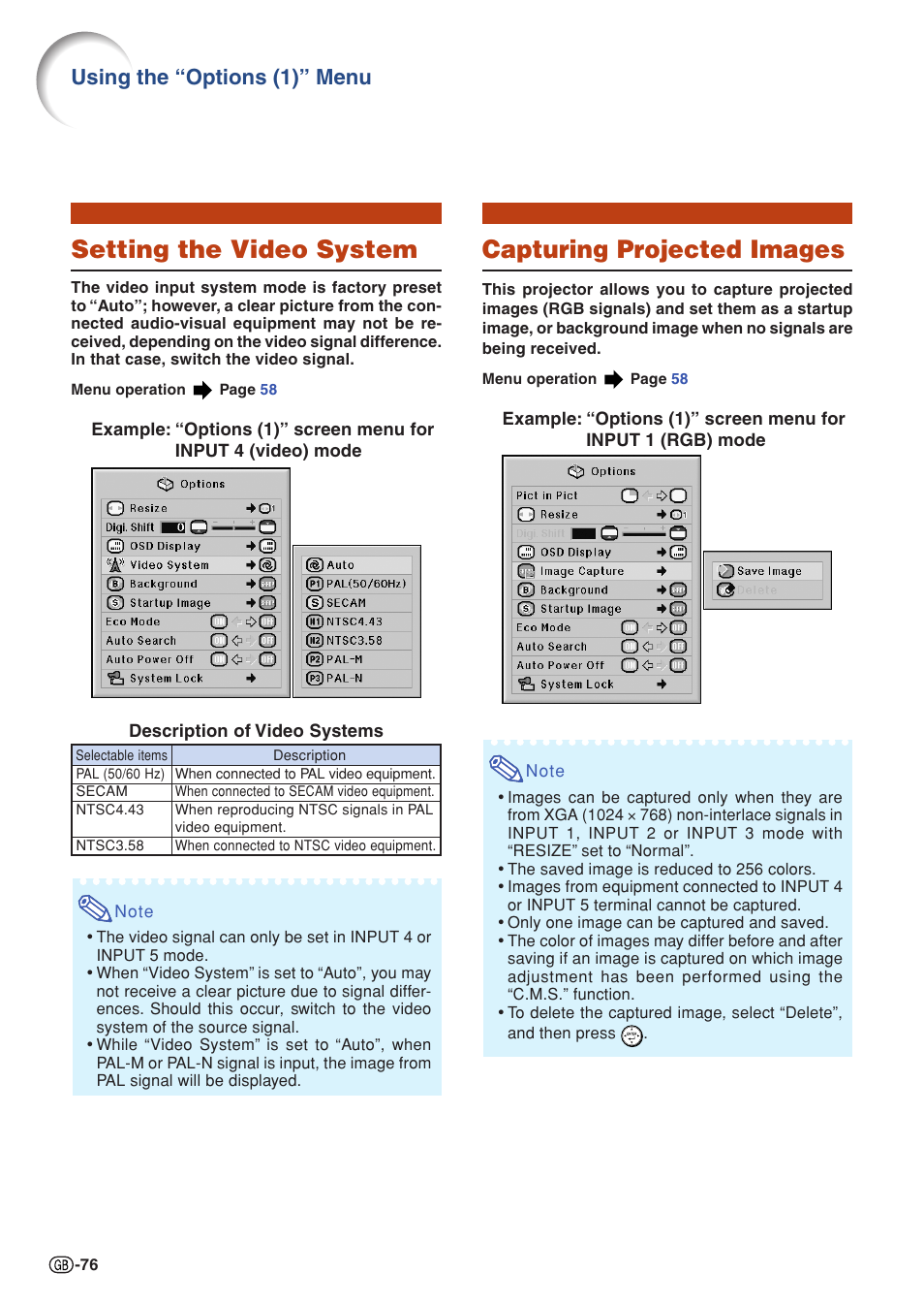 Setting the video system, Capturing projected images, Using the “options (1)” menu | Sharp XG-PH70X User Manual | Page 78 / 110