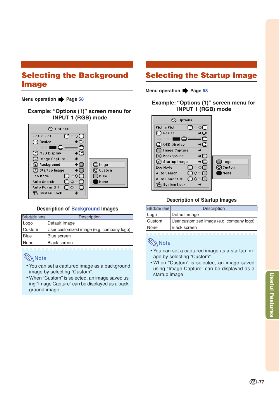 Selecting the background image, Selecting the startup image, Useful features | Sharp XG-PH70X User Manual | Page 79 / 110