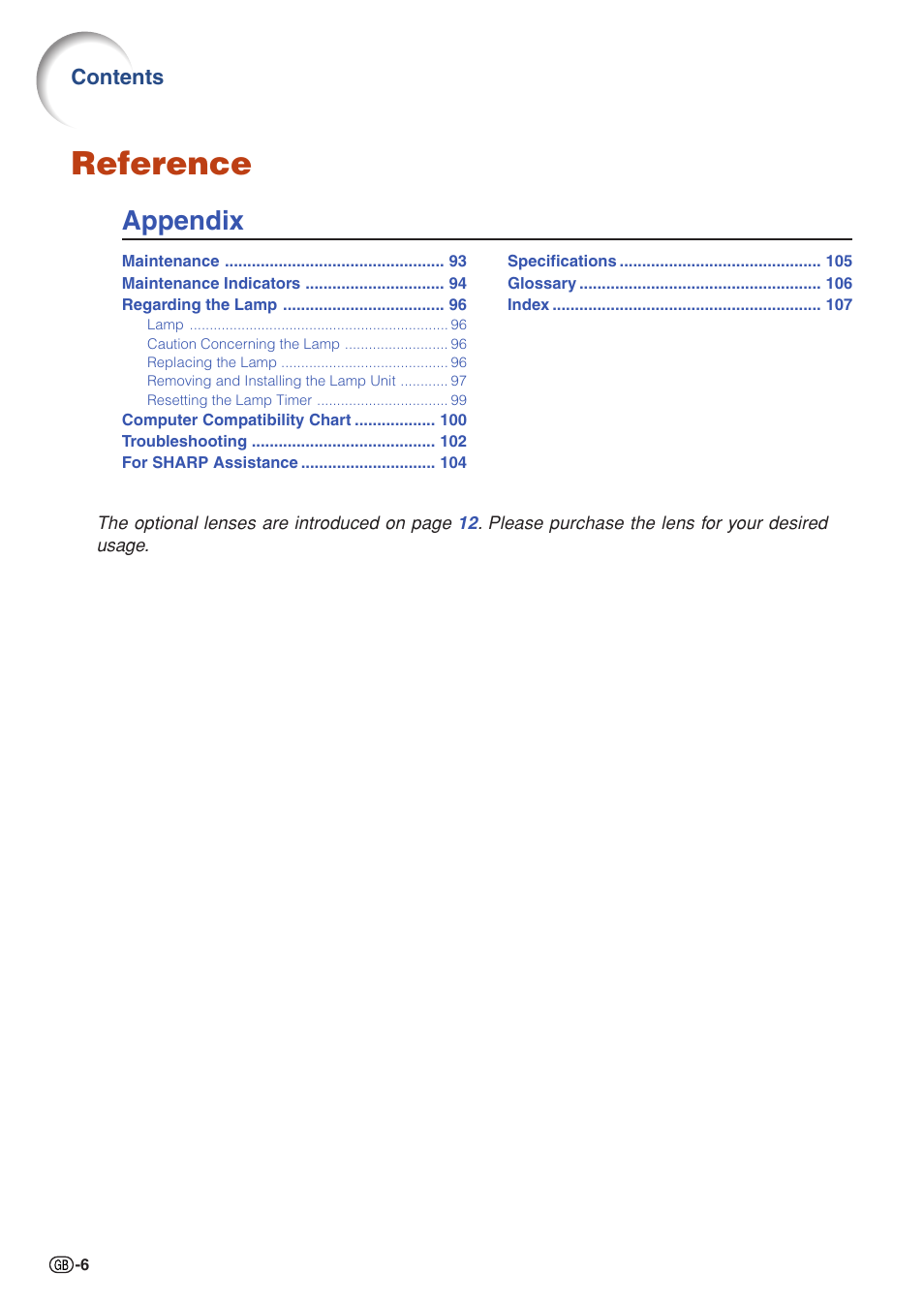 Reference, Appendix | Sharp XG-PH70X User Manual | Page 8 / 110