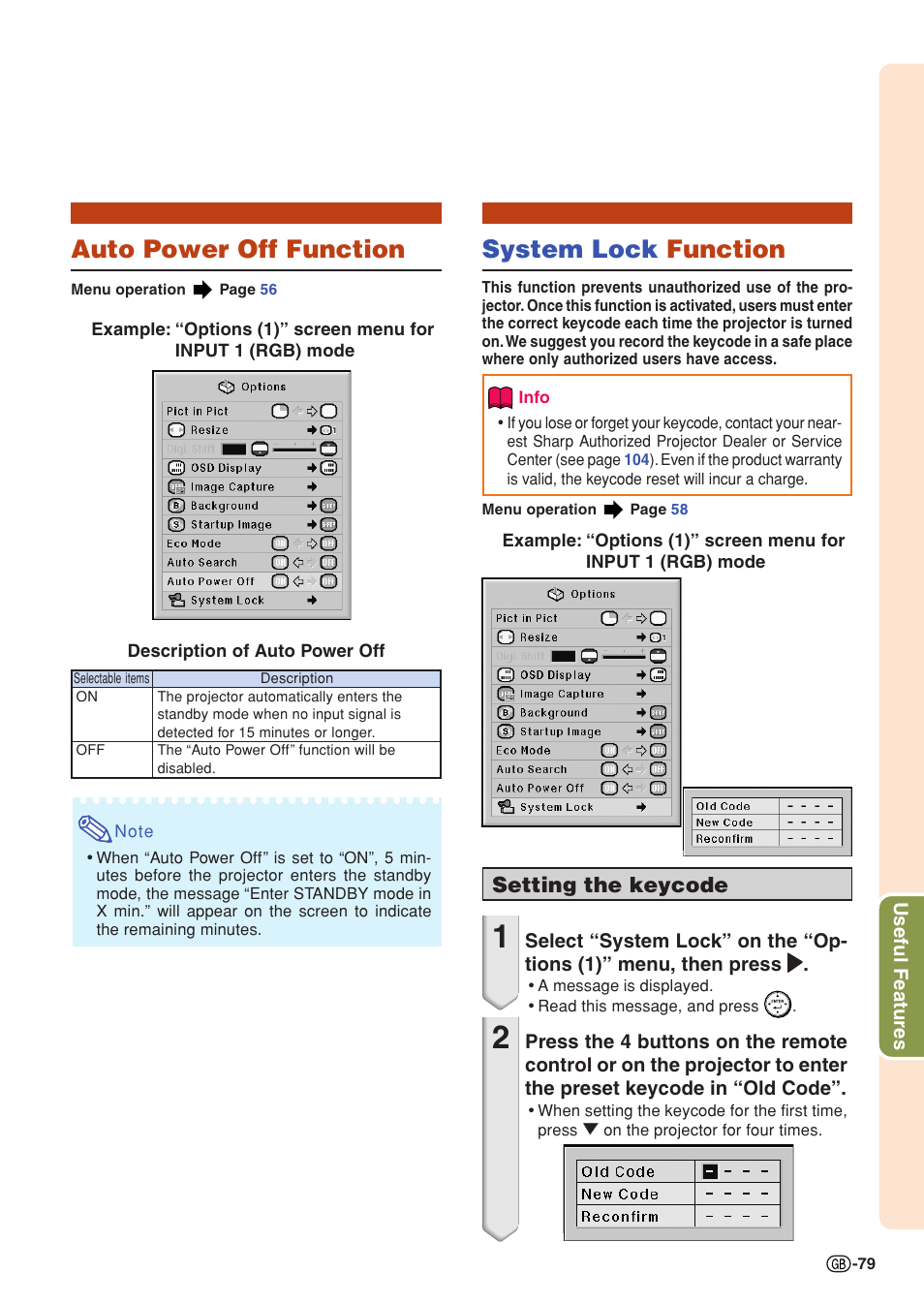 Auto power off function, System lock function, Auto power off function system lock function | Setting the keycode | Sharp XG-PH70X User Manual | Page 81 / 110