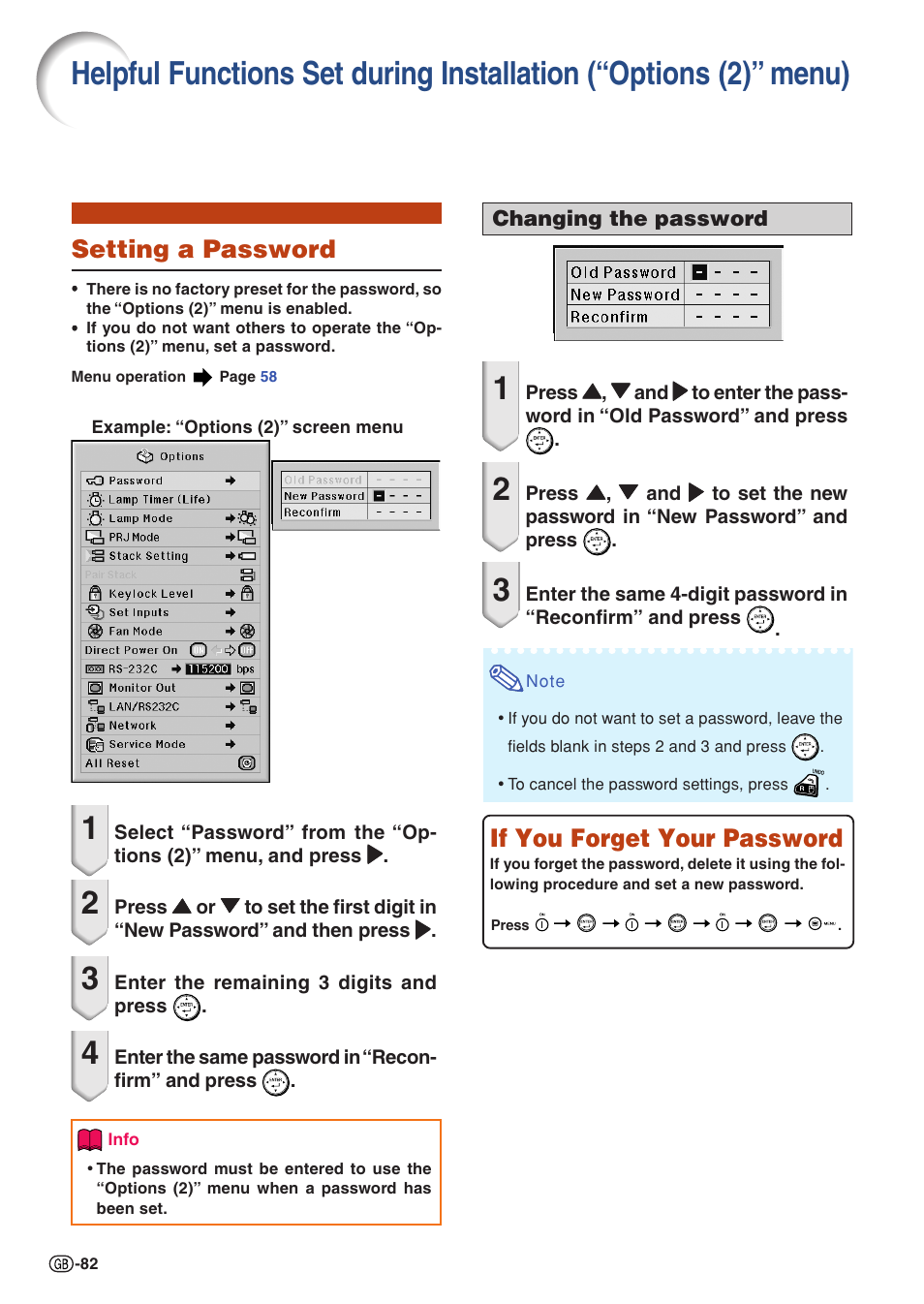 Setting a password, Helpful functions set during installation, Options (2)” menu) | If you forget your password | Sharp XG-PH70X User Manual | Page 84 / 110