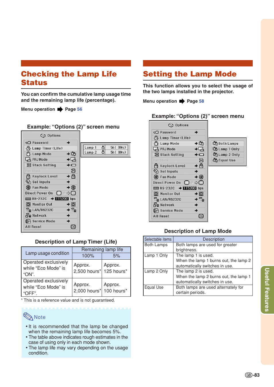 Checking the lamp life status, Setting the lamp mode, Useful features | Sharp XG-PH70X User Manual | Page 85 / 110