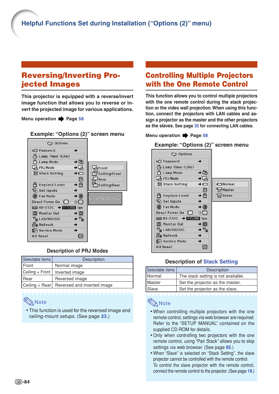 Reversing/inverting projected images, Remote control, Reversing/inverting pro- jected images | Sharp XG-PH70X User Manual | Page 86 / 110