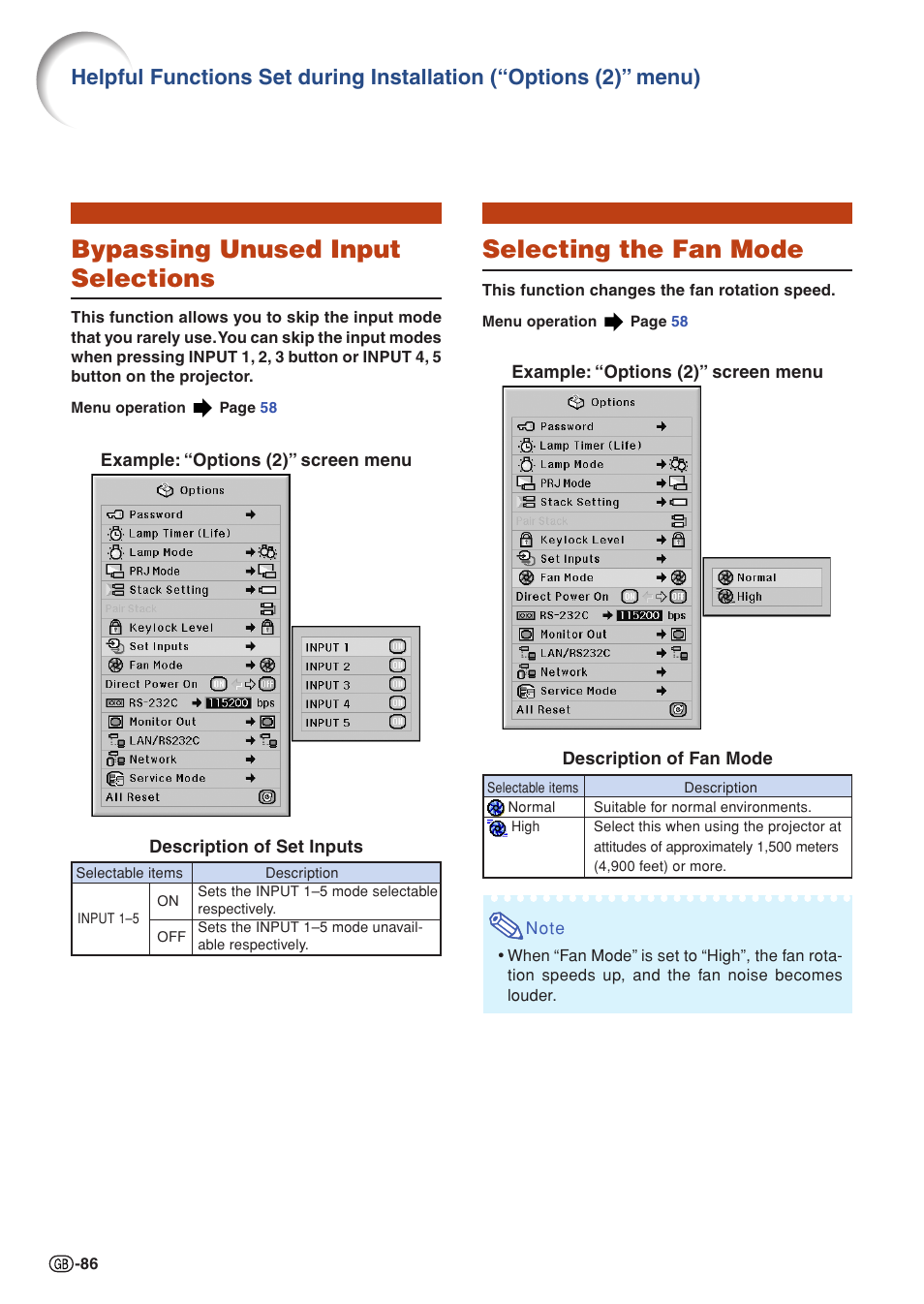 Bypassing unused input selections, Selecting the fan mode | Sharp XG-PH70X User Manual | Page 88 / 110