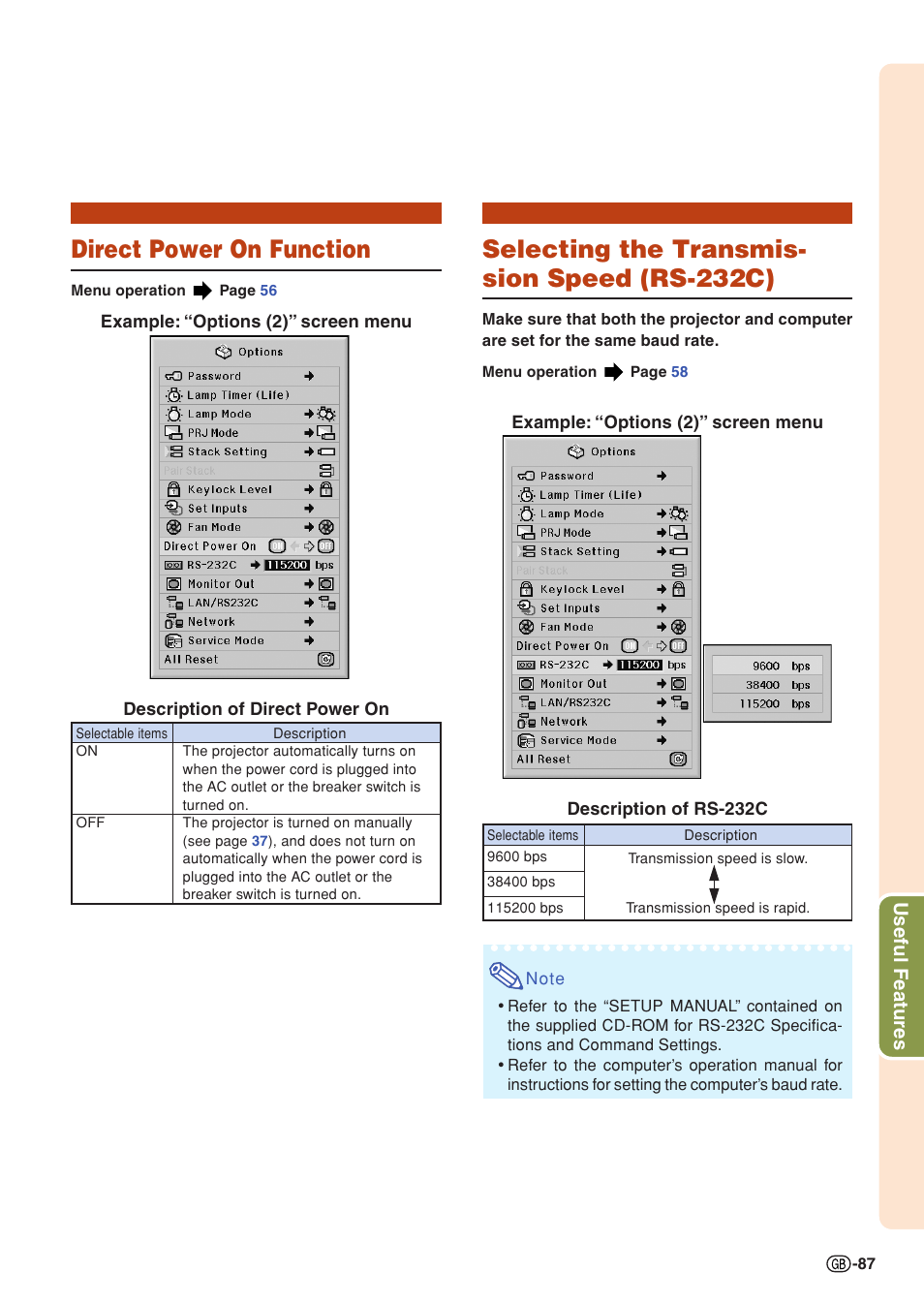 Direct power on function, Selecting the transmission speed (rs-232c), Selecting the transmis- sion speed (rs-232c) | Useful features | Sharp XG-PH70X User Manual | Page 89 / 110