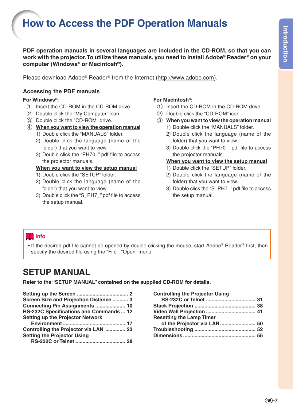How to access the pdf operation manuals, Setup manual, Intr oduction | Sharp XG-PH70X User Manual | Page 9 / 110