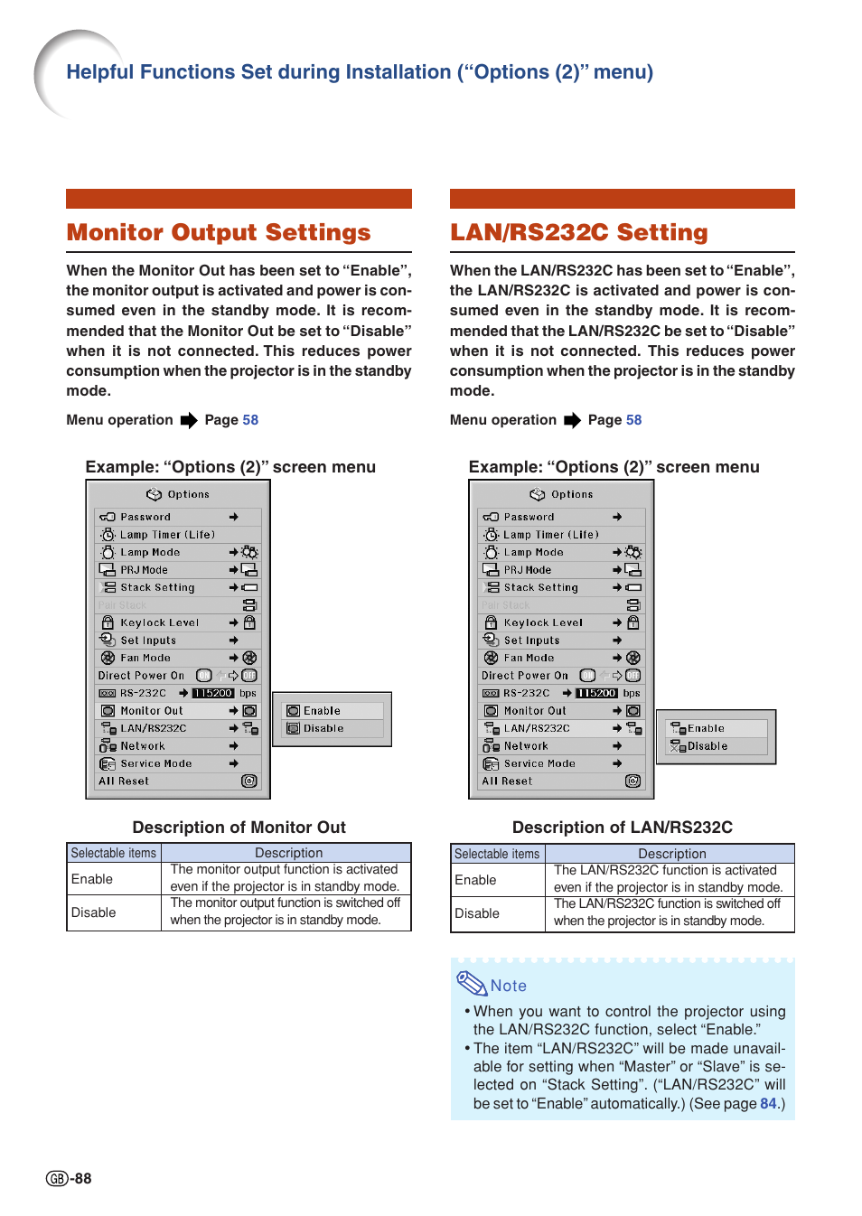 Monitor output settings, Lan/rs232c setting, Monitor output settings lan/rs232c setting | Sharp XG-PH70X User Manual | Page 90 / 110