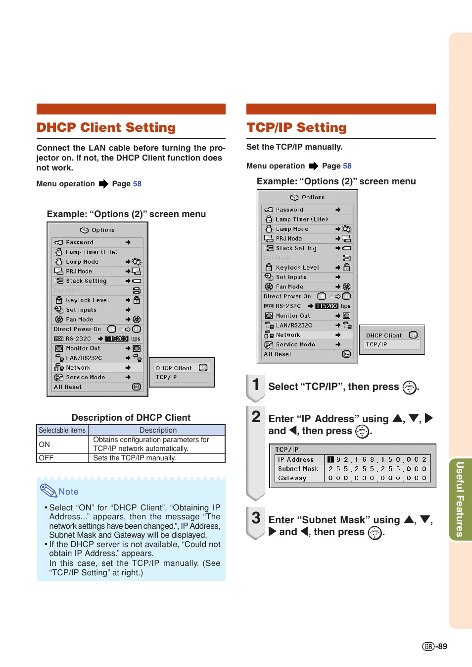 Dhcp client setting, Tcp/ip setting, Dhcp client setting tcp/ip setting | Sharp XG-PH70X User Manual | Page 91 / 110