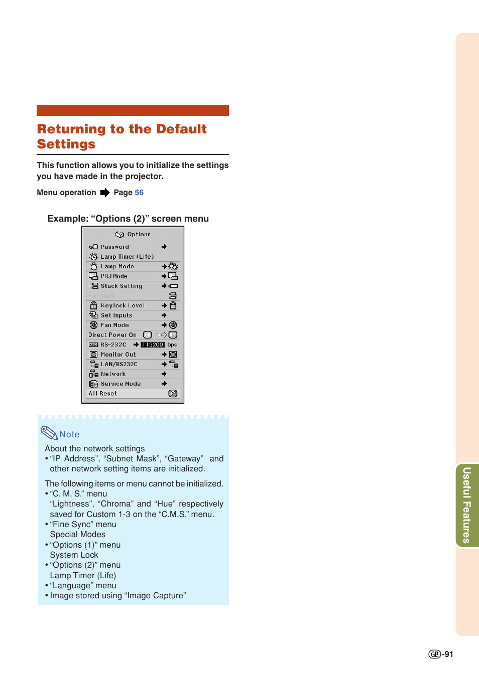 Returning to the default settings | Sharp XG-PH70X User Manual | Page 93 / 110