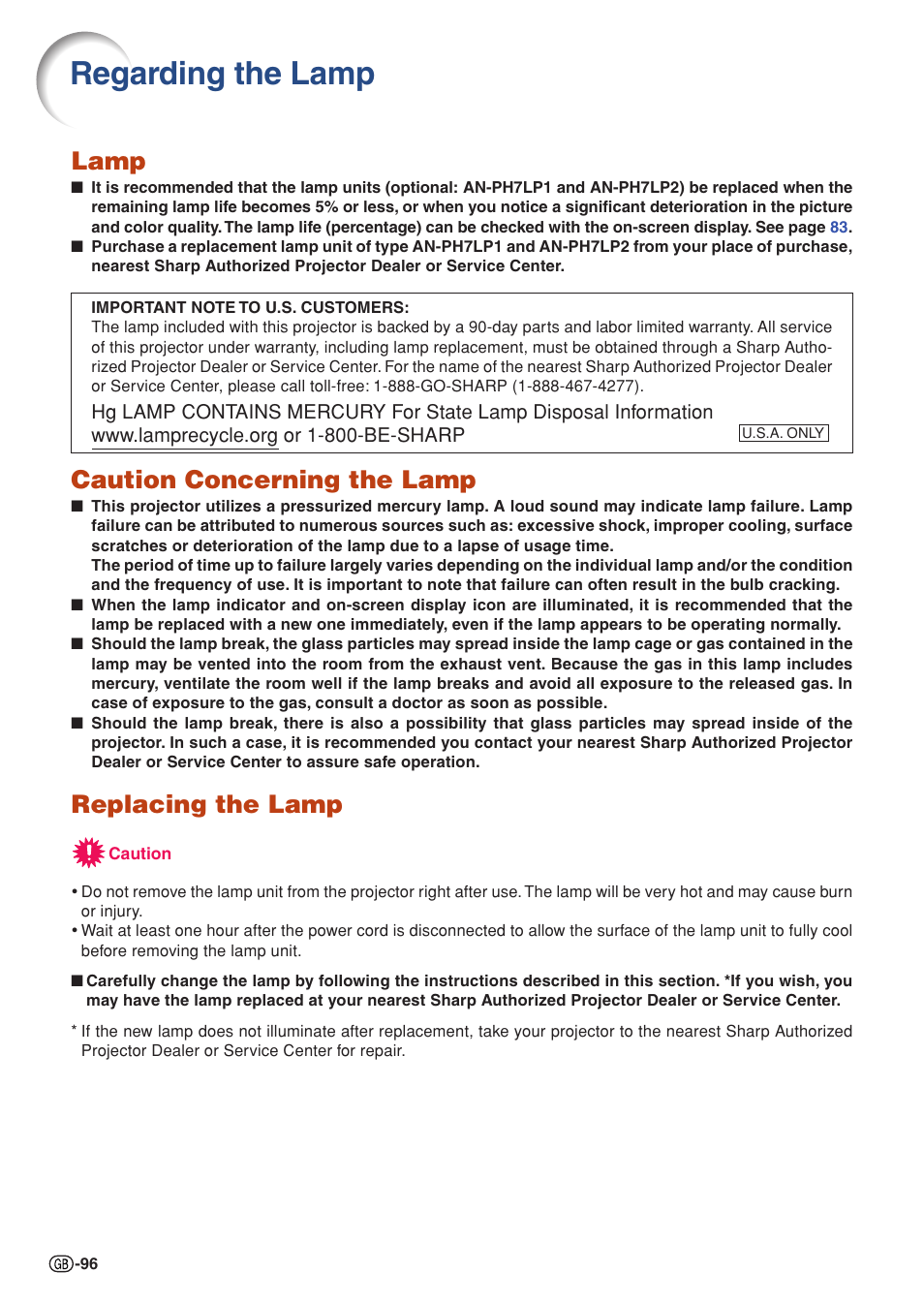 Regarding the lamp, Lamp, Caution concerning the lamp | Replacing the lamp | Sharp XG-PH70X User Manual | Page 98 / 110