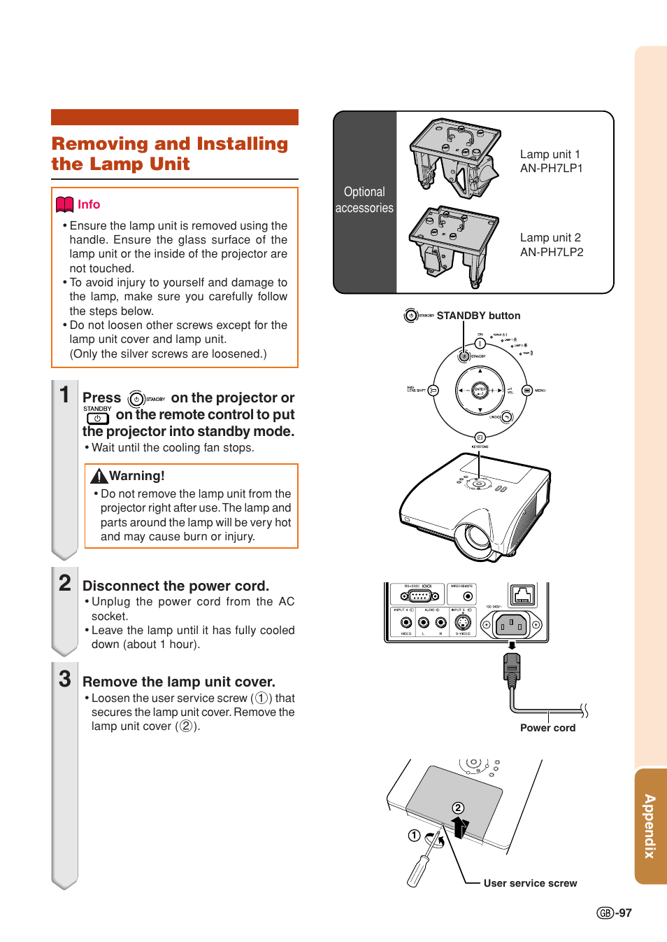 Removing and installing the lamp unit | Sharp XG-PH70X User Manual | Page 99 / 110