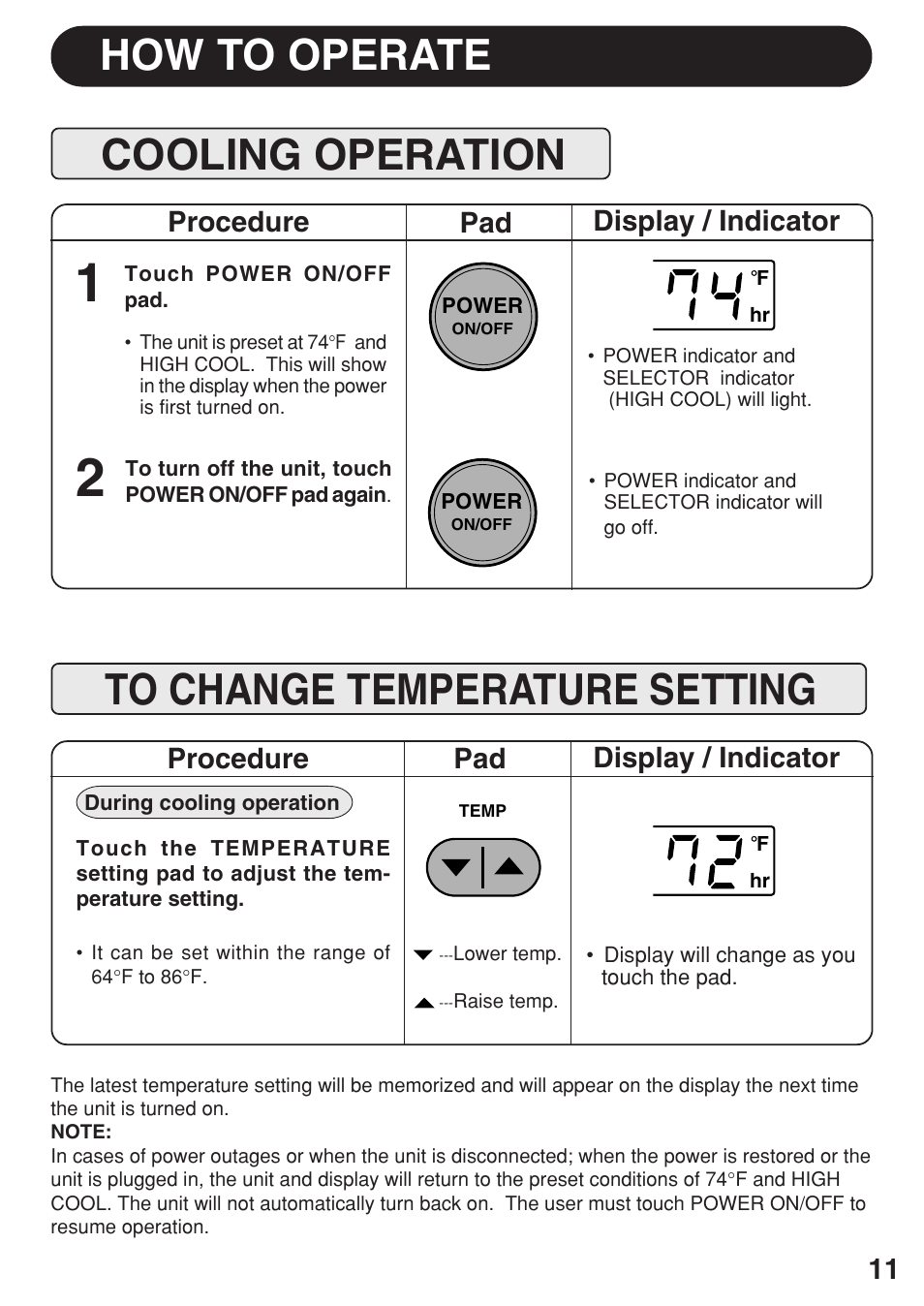 Cooling operation, How to operate, Display / indicator | Pad procedure procedure | Sharp AF-R100CX User Manual | Page 11 / 20