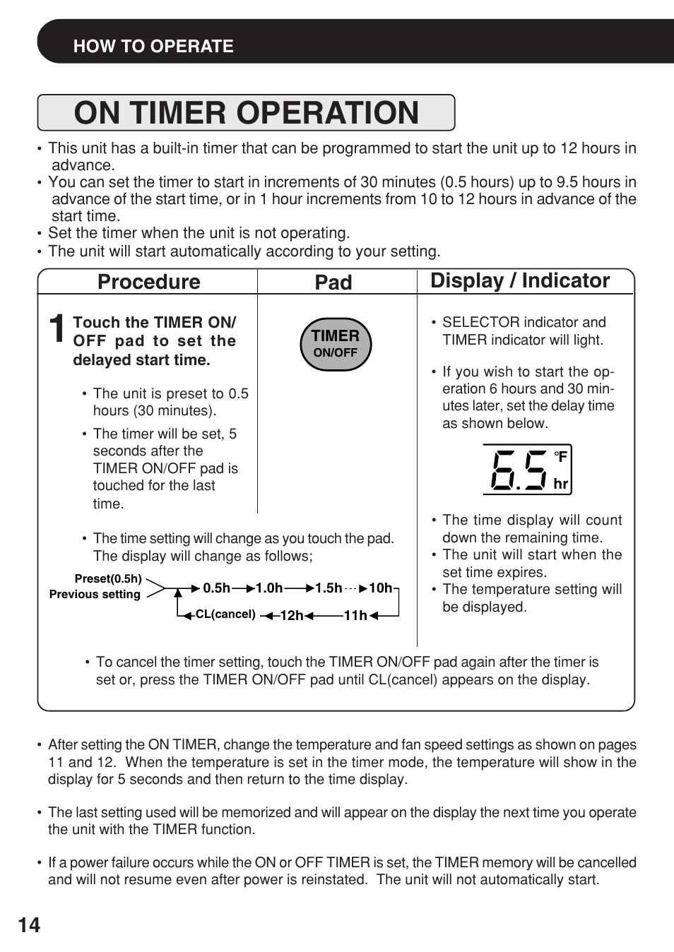 On timer operation, Pad display / indicator procedure | Sharp AF-R100CX User Manual | Page 14 / 20