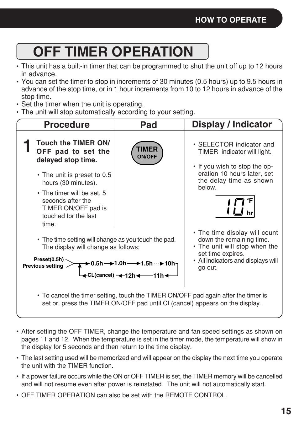 Off timer operation, Procedure display / indicator pad | Sharp AF-R100CX User Manual | Page 15 / 20