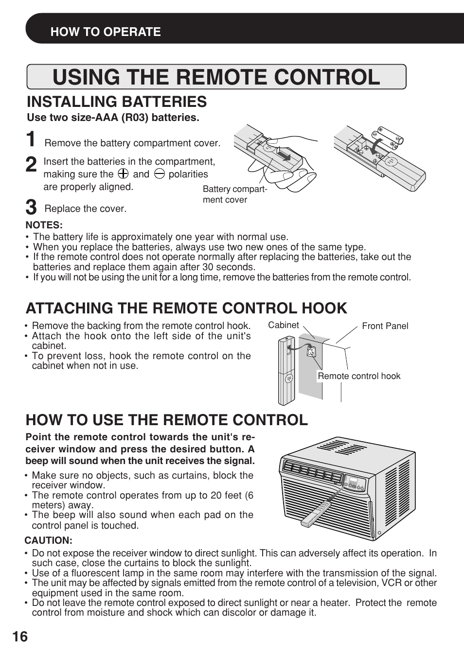 Using the remote control, Installing batteries, Attaching the remote control hook | How to use the remote control | Sharp AF-R100CX User Manual | Page 16 / 20